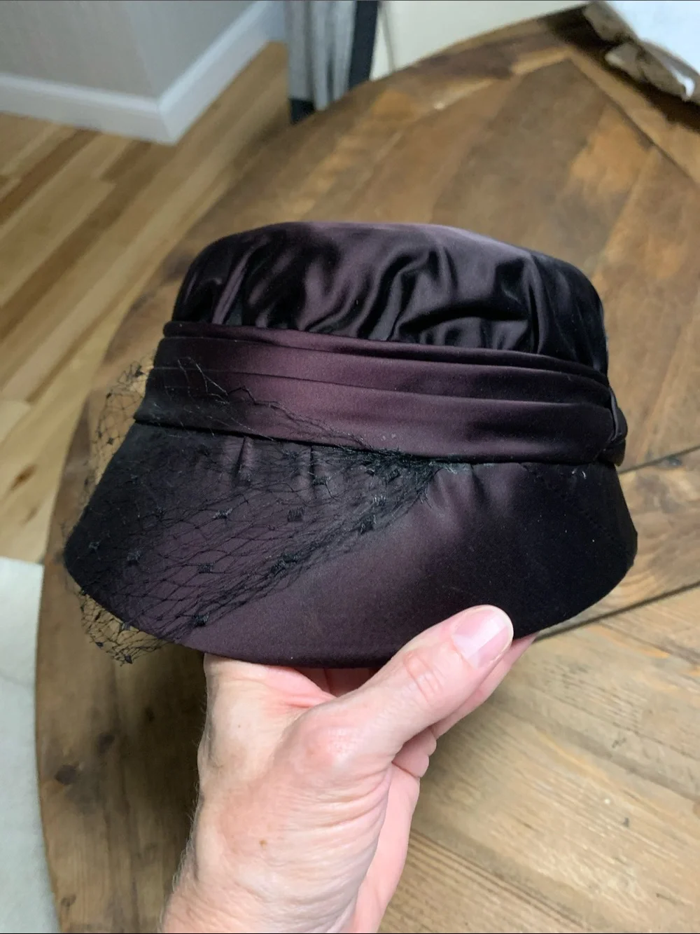 Vintage cherry black satin hat with rhinestone accent